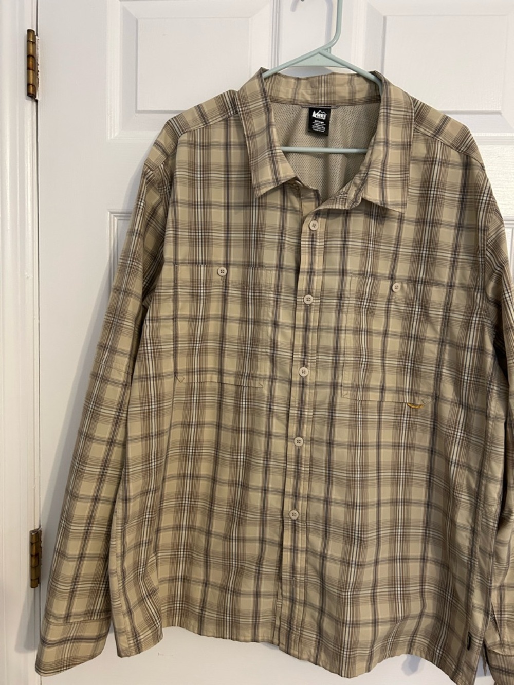 REI Plaid Button-Up Shirt in Beige and Brown